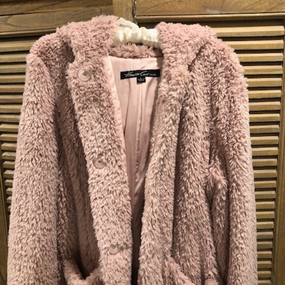Kenneth Cole Pink Faux Fur Jacket with hoodie Size L - Picture 7 of 9
